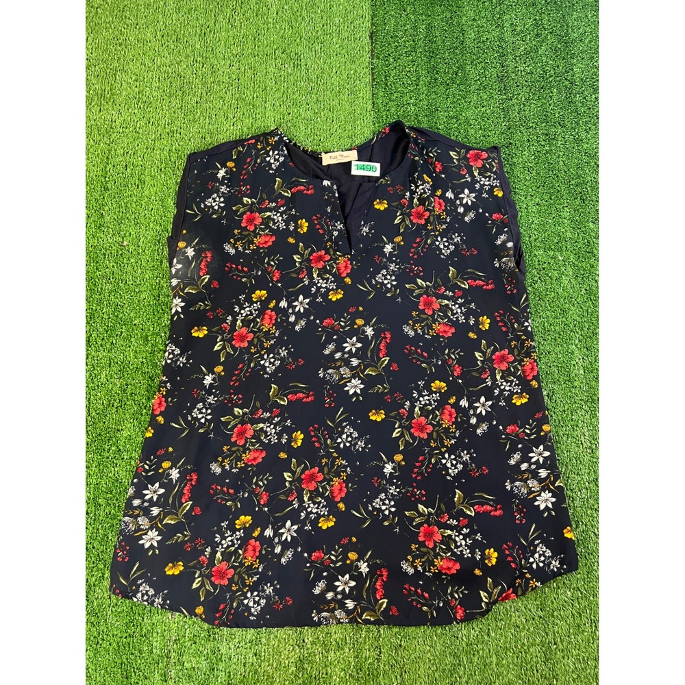 Full Moon Maternity Womens Floral Split V-Neck Sleeveless Blouse Navy Blue Top